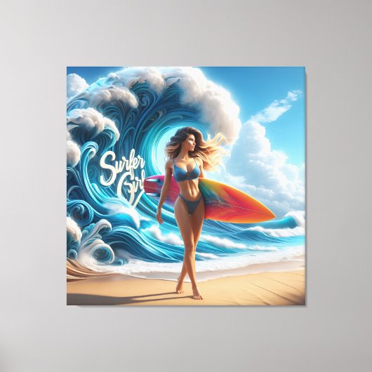Dynamic Surfer Girl Walking Beach Waves Art Canvas Afdruk (Voorkant)