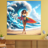 Dynamic Surfer Girl Walking Beach Waves Art Canvas Afdruk (Insitu (Woonkamer))