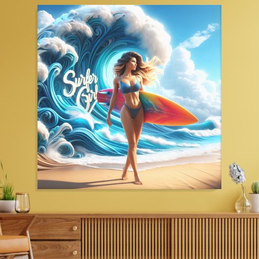 Dynamic Surfer Girl Walking Beach Waves Art Canvas Afdruk (Insitu (Woonkamer))