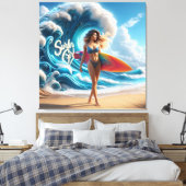 Dynamic Surfer Girl Walking Beach Waves Art Canvas Afdruk (Insitu (Slaapkamer))