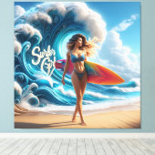 Dynamic Surfer Girl Walking Beach Waves Art Canvas Afdruk (Insitu (Houten vloer))