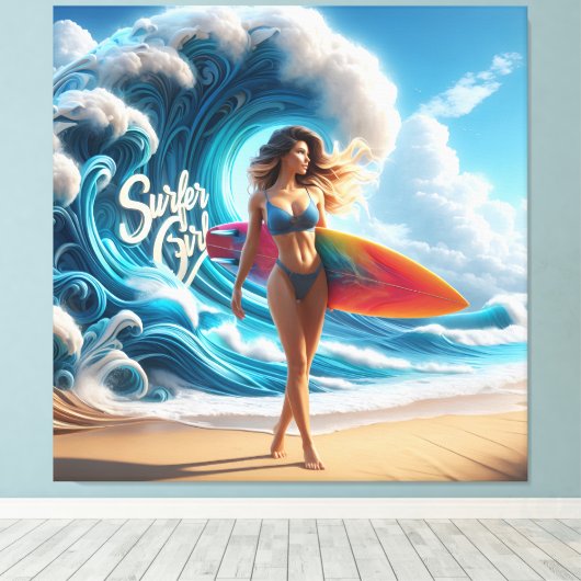 Dynamic Surfer Girl Walking Beach Waves Art Canvas Afdruk (Insitu (Houten vloer))