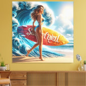 Dynamic Surfer Girl Walking Beach Waves Art Canvas Afdruk (Insitu (Woonkamer))