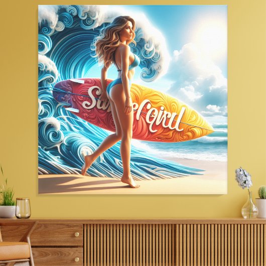 Dynamic Surfer Girl Walking Beach Waves Art Canvas Afdruk (Insitu (Woonkamer))