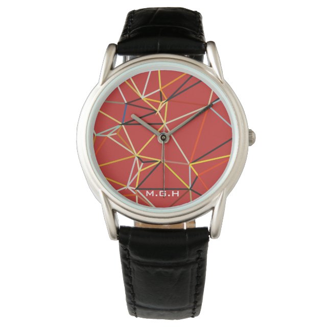 Dynamisch rood abstract geometrisch monogram horloge (Voorkant)