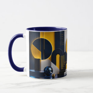 Dynamische abstracte kunst met marineblauw, goud e mok