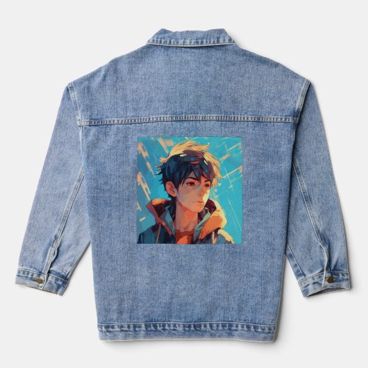 Dynamische Anime Kracht: Jonge Man Denim Jacket (Achterkant)