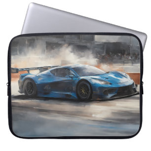 Dynamische blauwe stedelijke racescene laptop sleeve