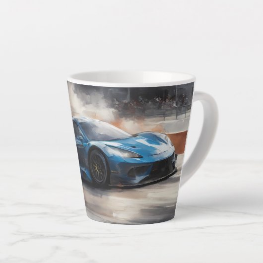 Dynamische blauwe stedelijke racescene latte mok (Rechterhoek)