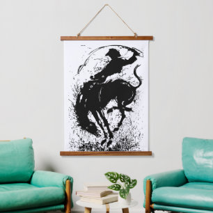 Dynamische Cowboy Rodeo Silhouet Kunst Hangend Wandkleed