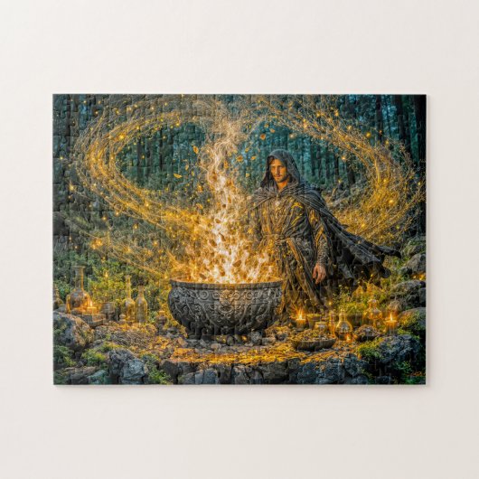Dynamische fantasie tovenaar met gloeiende magisch legpuzzel (Horizontaal)