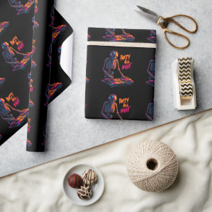 Dynamische Neon-Colored Skeleton DJ Spinning Recor Cadeaupapier