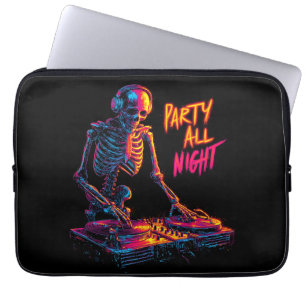 Dynamische neonkleuren skelet DJ die platen draait Laptop Sleeve