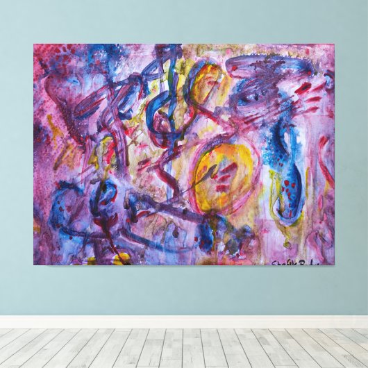 Dynamische overlappingen van violette en blauwe ti canvas afdruk (Insitu (Houten vloer))