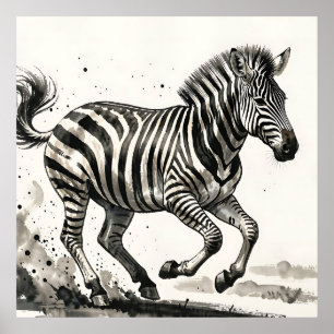 Dynamische rennende zebra-inkt kunst poster