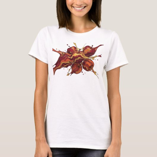 Dynamische rode abstracte appel modeprint t-shirt (Voorkant)