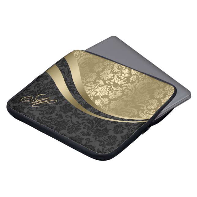 Dynamische strips 2 van elegante zwarte en gouden  laptop sleeve (Voorkant top)