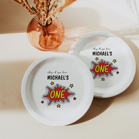 Dynamische Superheld 1e Verjaardag Papieren Bordje