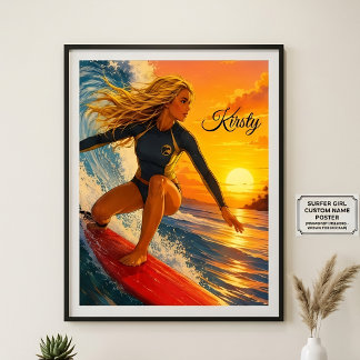 Dynamische Surfmeisje Zonsondergang Aangepaste naa Poster