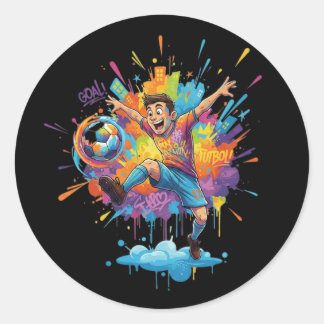 Dynamische Voetbaljongen Kleurrijke Cartoon Sticke Ronde Sticker