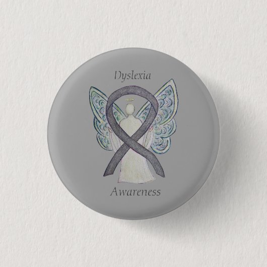 Dyslexia Silver Awareness Ribbon Angel Custom Pin Ronde Button 3,2 Cm (Voorkant)