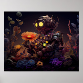Dystopian Robot met Oranje Flower Poster