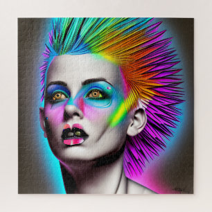 Dystopische vrouw met regenboog mohawk Ai kunst Legpuzzel