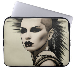 Dystopische vrouwelijke punkrocker met mohawk en p laptop sleeve