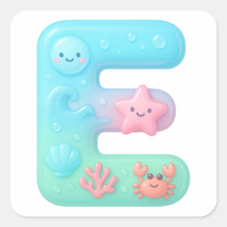 "E" Cute Bubble Letter - Underwater Sea Creature A Vierkante Sticker