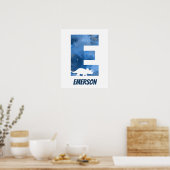"E" Dinosaur Waterverf Blue Child Name Poster (Keuken)