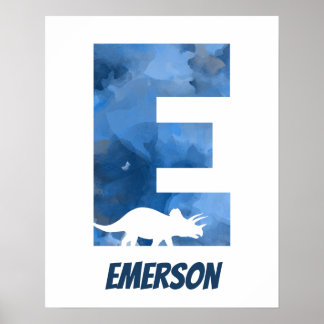 "E" Dinosaure Aquarelle Bleu Poster du nom de l'en