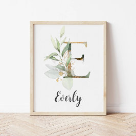 E Letter Monogram Groene Nursery Naam Muurprint Poster