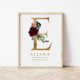 E Letter Monogram Naam Marsala Bloemenkwekerij Poster