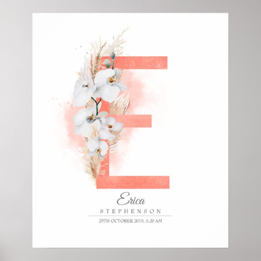 E Letter Monogram White Orchids and Pampas Grass Poster (Voorkant)