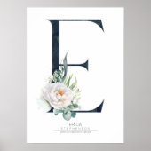 E Letter Monogram Witte Bloemen en Groene Bladeren Poster (Voorkant)