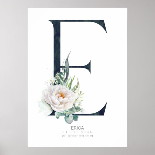 E Letter Monogram Witte Bloemen en Groene Bladeren Poster (Voorkant)