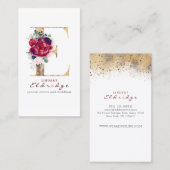 E Monogram Bourgogne Rode bloemen en Faux Gold Visitekaartje (Voorkant / Achterkant)