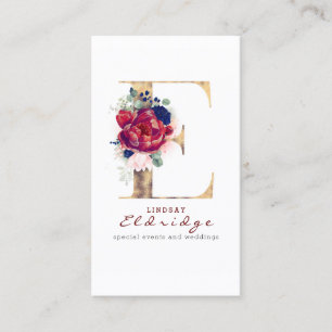 E Monogram Burgundy Gold en Navy Blue Floral Visitekaartje