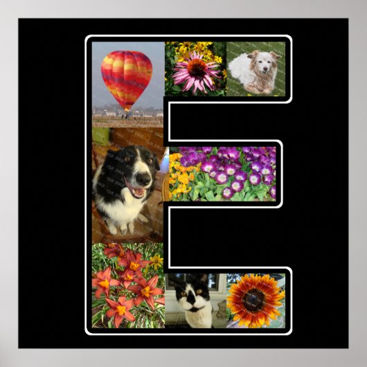 E Monogram Creëer Uw eigen 8 Foto Collage Black Poster (Voorkant)