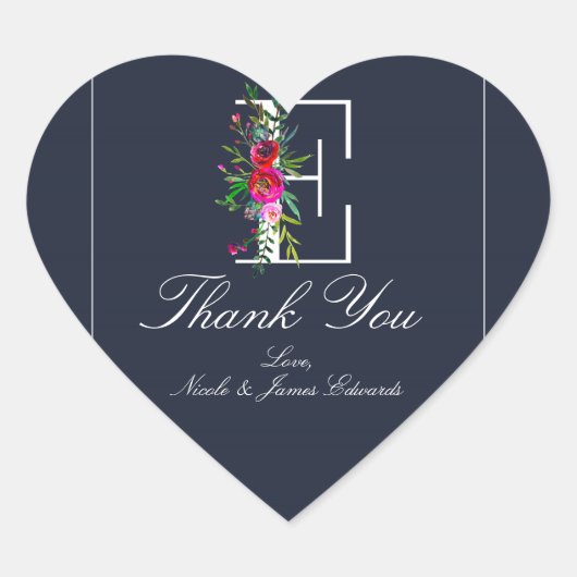 E Monogram Laatste Initiaal Modern Blue Floral Wed Hart Sticker (Voorkant)