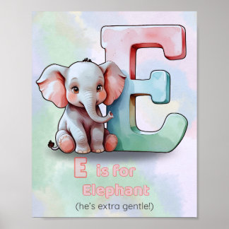 E staat voor Elephant – Schattige Alphabet Animal  Poster