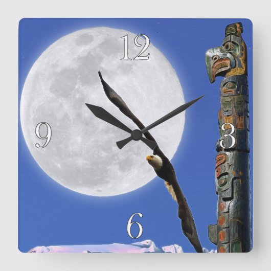 Eagle, Totem Pole en Moon Fantasy Art Clock Vierkante Klok (Voorkant)