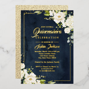 EAL GOLD FOIL Floral Navy Gold Quinceanera Folie Uitnodiging