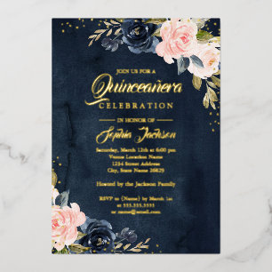 EAL GOLD FOIL Navy Pink Floral Quinceanera Folie Uitnodiging