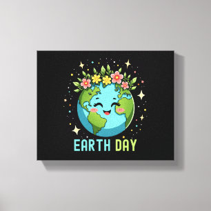 Earth Day Milieu Schattige Aarde met Bloemen Canvas Afdruk