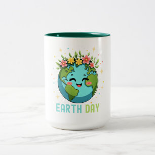 Earth Day Milieu Schattige Aarde met Bloemen Tweekleurige Koffiemok