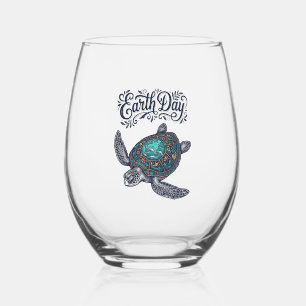 Earth Day Zeeschildpad Vintage Gravure Shirt Ontwe Wijnglas Zonder Voet