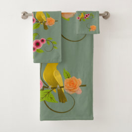 Earth Green - Bird & Yellow Rose Bad Handdoek