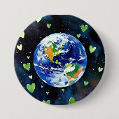 Earth Love Button - Planet with Green Hearts Pin (Voorkant)