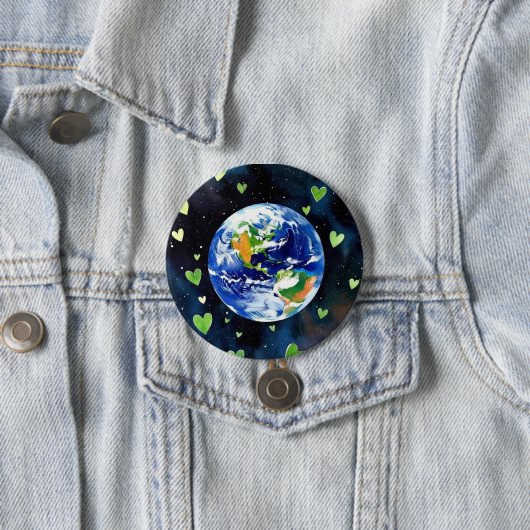 Earth Love Button - Planet with Green Hearts Pin (In situ)